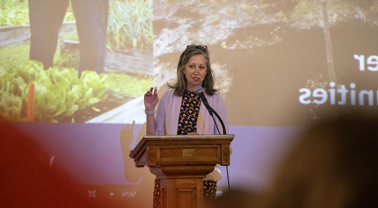 Hilary Falk of the Chesapeake Bay Foundation addresses students and faculty at Washington College